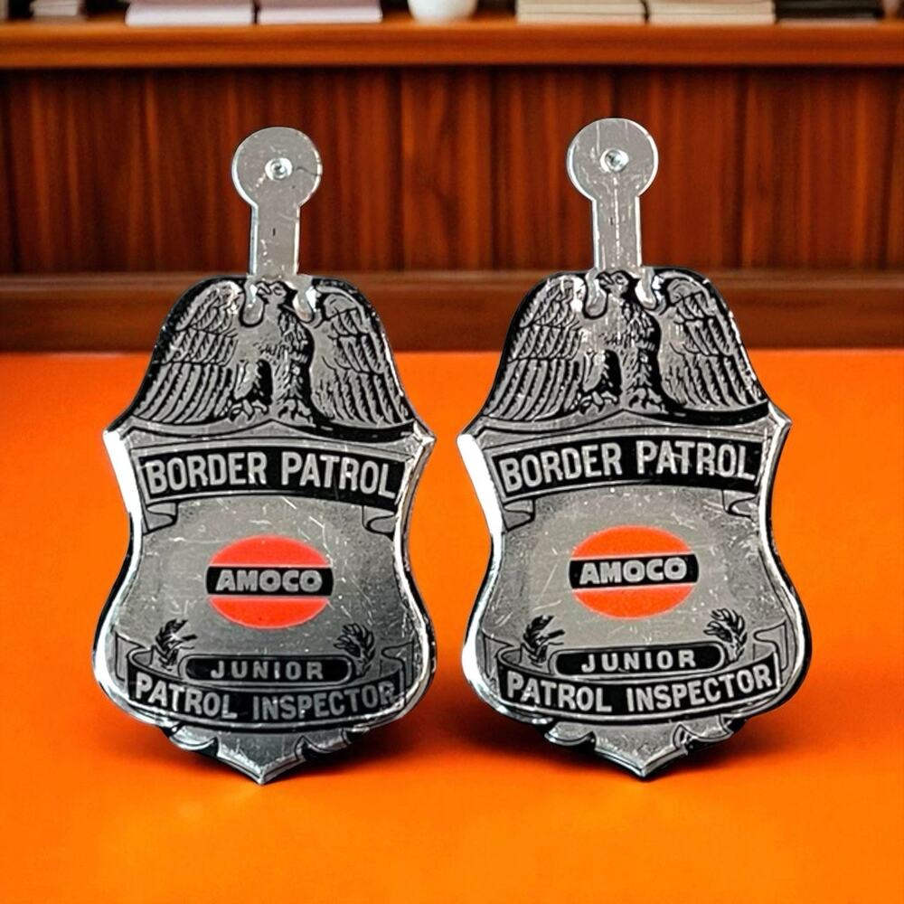 2 Vintage Amoco Junior Border Patrol Inspector Badges Gas & Oil Advertisement